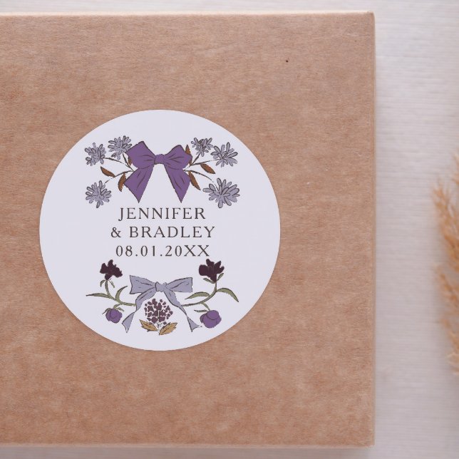 Boho Lilac Ribbons Floral Wedding Favour  Classic Round Sticker (Creator Uploaded)