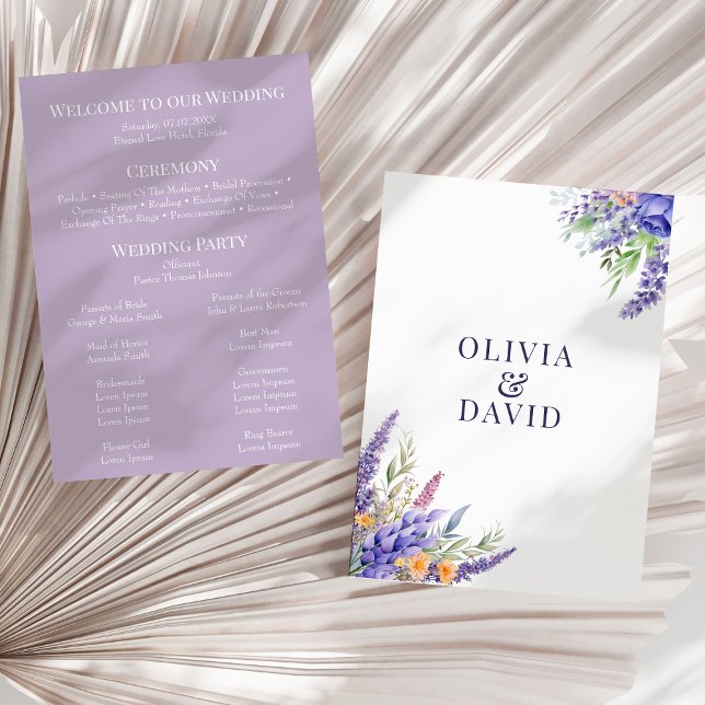 Boho Lilac Watercolor Wildflower Wedding Program (Boho Lilac Watercolor Wildflower Wedding Program on a sunny neutral dry palm leaf.)