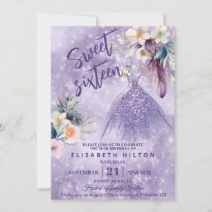Boho Lilac wild flower Glitter dress sweet sixteen Invitation