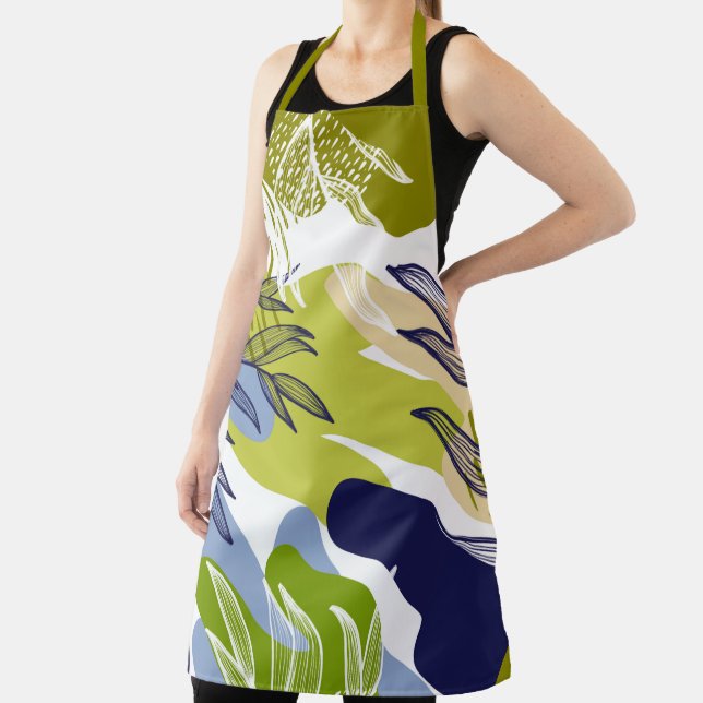 Boho Lime, Navy and Blue Leaves  Apron (Insitu)
