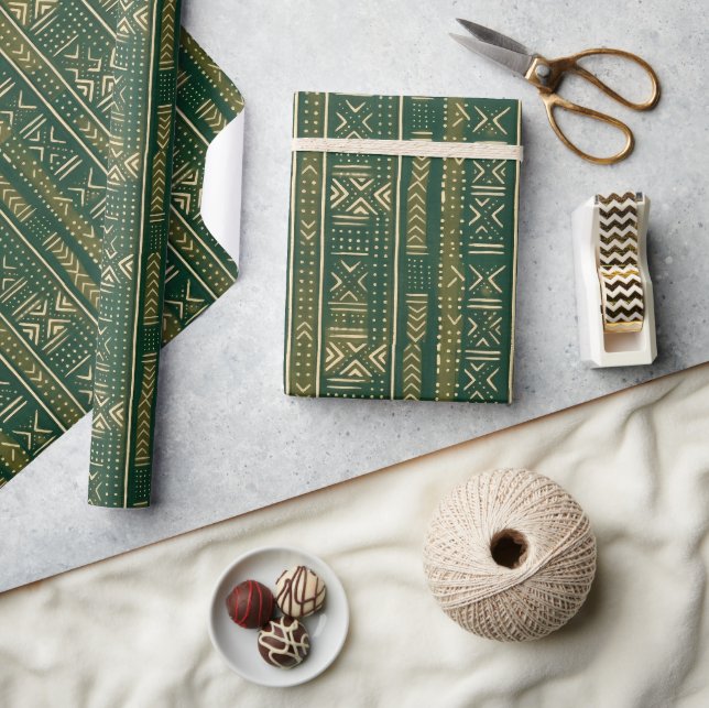 Boho Linear Mudcloth | Forest Moss Wrapping Paper (Crafts)