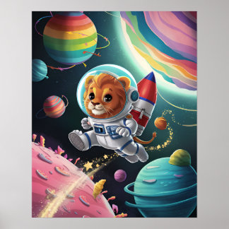 Boho Lion Illustration in Space Poster