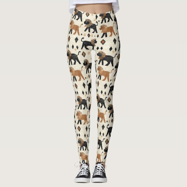 Boho Lion Tribal Safari Pattern Leggings (Front)