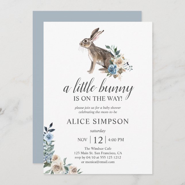 Boho Little Bunny Dust Blue Flowers Baby Shower In Invitation (Front/Back)