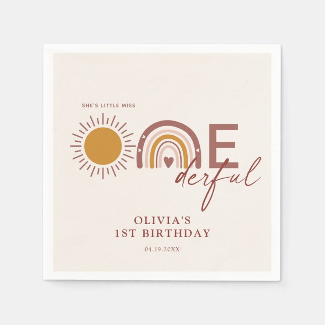 Boho Little Miss Onederful 1st Birthday Napkin (Front)