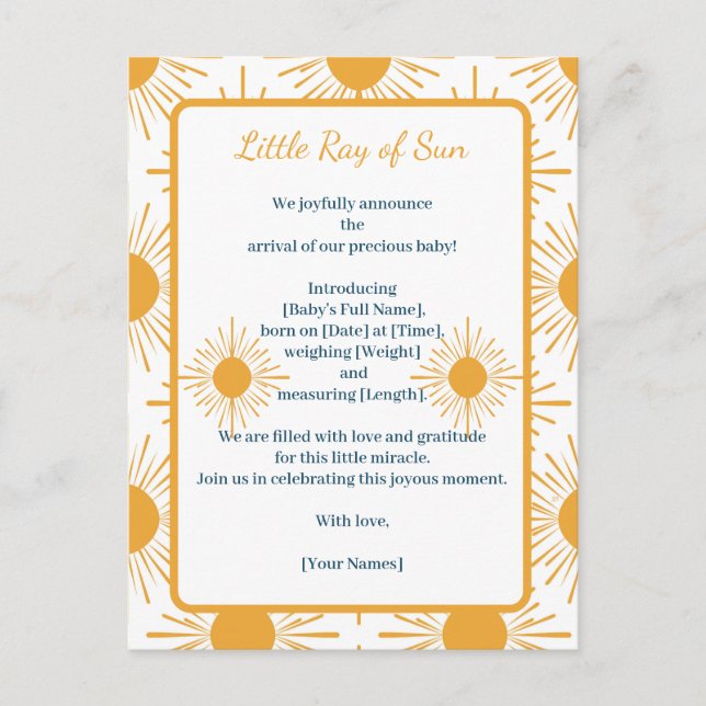 Boho Little Ray of Sun Birth Announcement (Front)