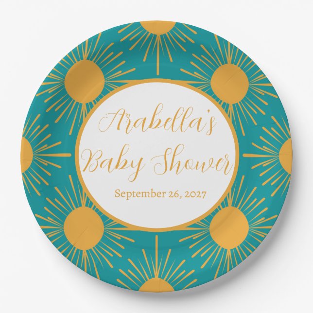 Boho Little Ray of Sun Turquoise Baby Shower  Paper Plate (Front)