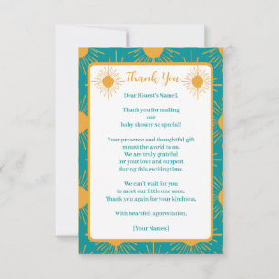 Boho Little Ray of Sun Turquoise Baby Shower Thank You Card