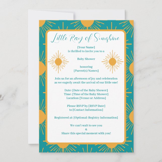 Boho Little Ray of Sunshine Turquoise Baby Shower Invitation (Front)