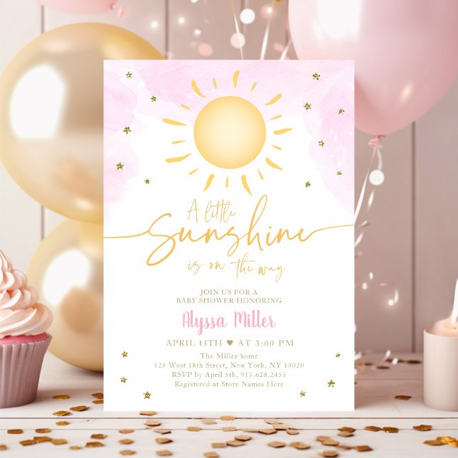 Boho Little Sunshine Pink Gold Baby Shower Invitation (Creator Uploaded)