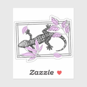 Boho Lizard & Pink Leaves - Zen Art