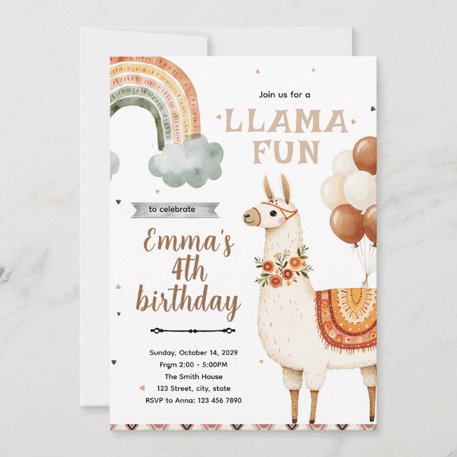 Boho Llama Birthday Party Invitation (Front)
