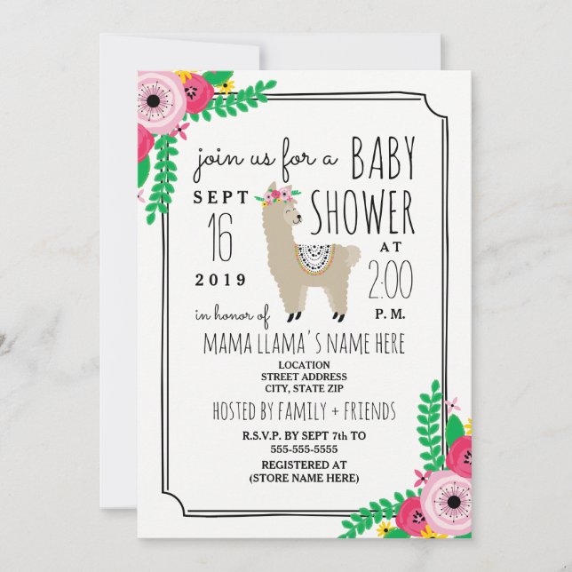 Boho Llama Floral Baby Shower Invite (Front)