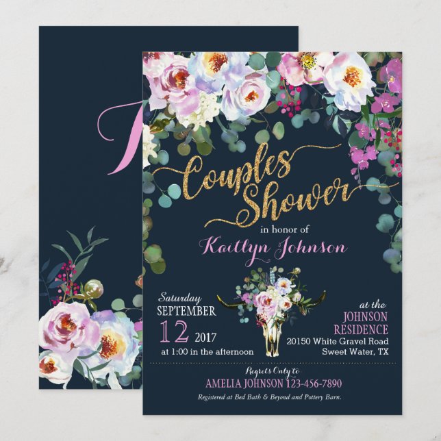 Boho Longhorn Cow Skull Floral Bridal Shower Invitation (Front/Back)