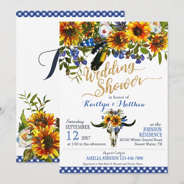 Boho Longhorn Cow Skull Floral Bridal Shower Invitation (Front/Back)