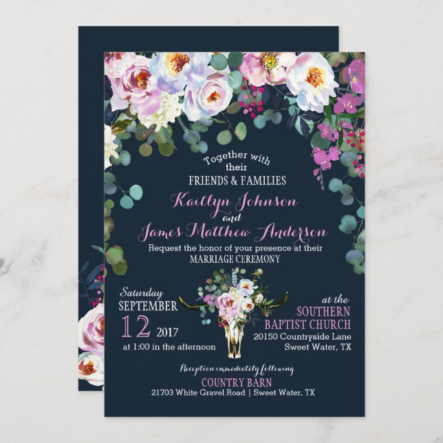 Boho Longhorn Cow Skull Floral Wedding Invitation (Front/Back)