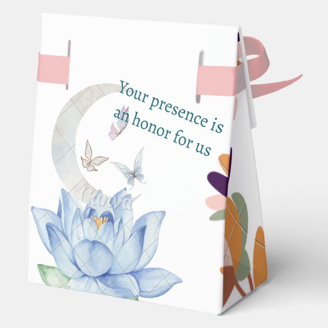 Boho Lotus & Moon Wedding Favour Box with Ribbon (Back)