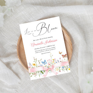 Boho Love in Bloom Pink Bow Floral Bridal Shower Invitation