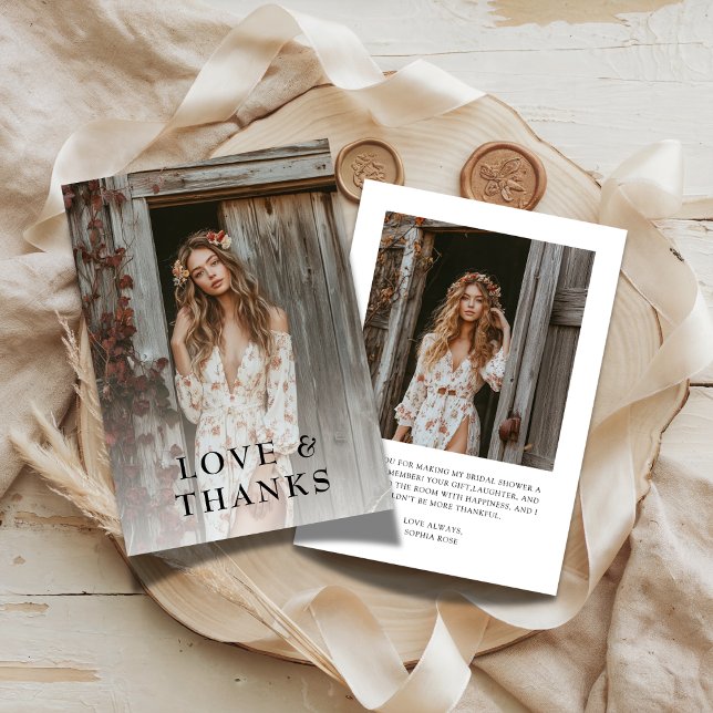 Boho Love & Thanks Bridal Shower Photo Thank You Card (Creator Uploaded)