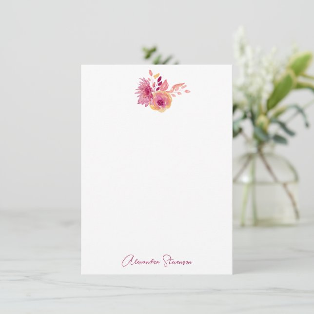 Boho Magenta Flowers Personalised Name Stationery Card (Standing Front)