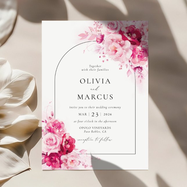 Boho Magenta Hot Pink Arch Floral Elegant Wedding Invitation (Creator Uploaded)