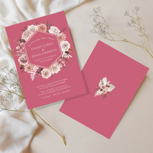 Boho Magenta Pink Dried Flowers Wreath Wedding Invitation