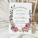 Boho Magenta Pink Purple Yellow Floral Wedding Save The Date<br><div class="desc">This elegant boho wedding save the date features beautiful watercolor magenta, pink peony roses, purple lavenders, mauve and yellow flowers and a rustic greenery wreath. This vibrant wedding save the date is perfect for summer and spring wedding. Personalise it with your details easily and quickly, simply press the customise it...</div>
