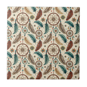 Boho Magic Dreamcatcher Colourful Feather Pattern Ceramic Tile