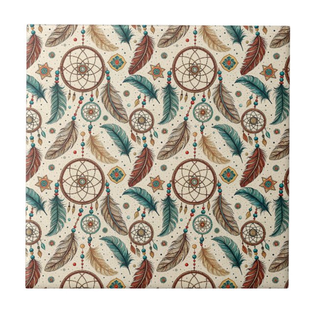 Boho Magic Dreamcatcher Colourful Feather Pattern Ceramic Tile (Front)