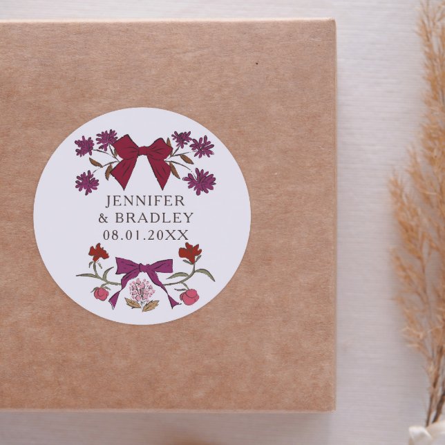 Boho Magneta Ribbons Floral Wedding Favour  Classic Round Sticker (Creator Uploaded)