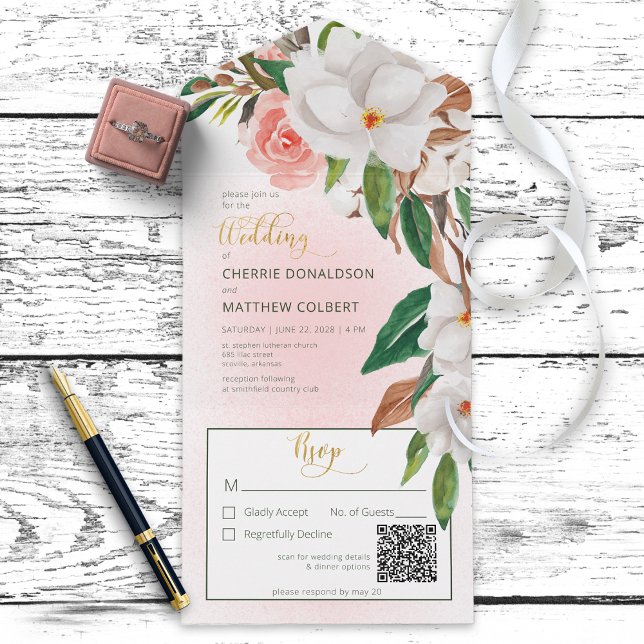 Boho Magnolia Floral & Cotton Pink QR Code All In One Invitation (Creator Uploaded)