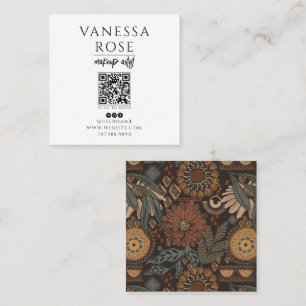 Boho Makeup Artist Terracotta Green Floral QR Code Square Business Card