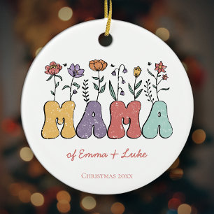 Boho Mama Text w/ Flowers and Kid Names Christmas Ceramic Ornament