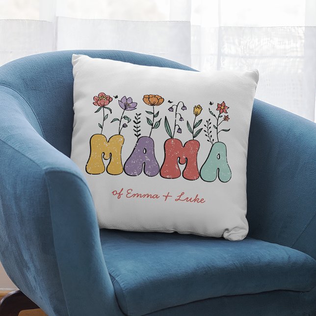 Boho Mama Text with Flowers and Kid Names Cushion (Creator Uploaded)