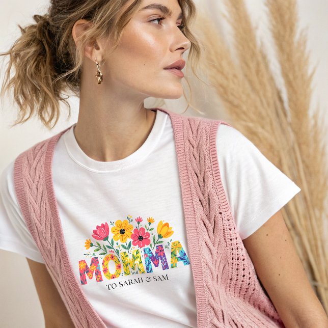 Boho Mama Text with Flowers and Kid Names  T-Shirt (Creator Uploaded)