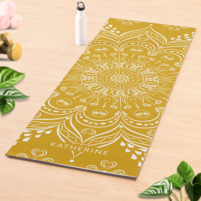 Boho Mandala Beautiful Monogrammed Mustard Yellow Yoga Mat (Creator Uploaded)