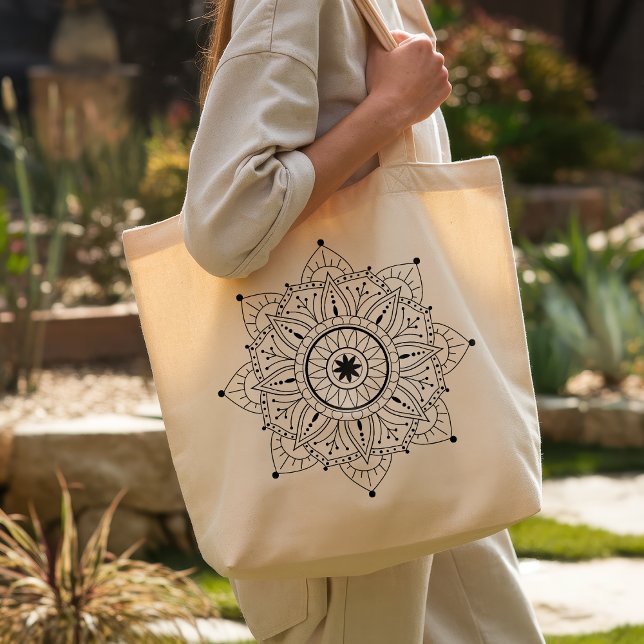 Boho Mandala Black Line Art Large Tote Bag (Creator Uploaded)