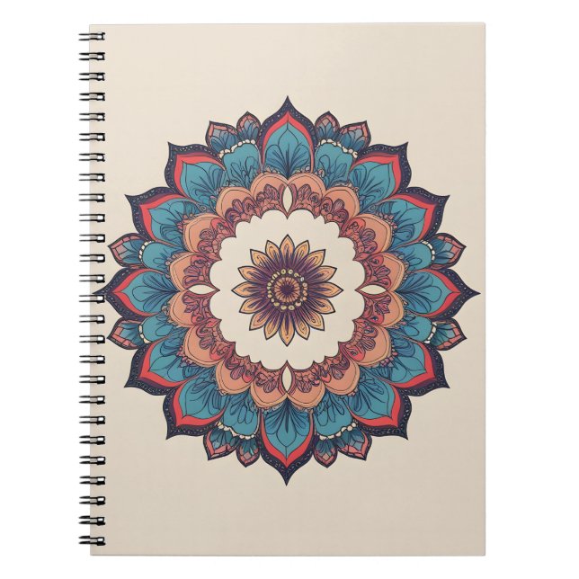 Boho Mandala Bloom | Teal & Coral Spiral Notebook (Front)