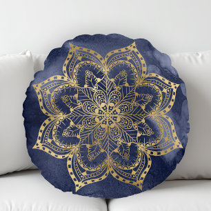 Boho Mandala Gold Navy Blue Ink Texture Round Cushion
