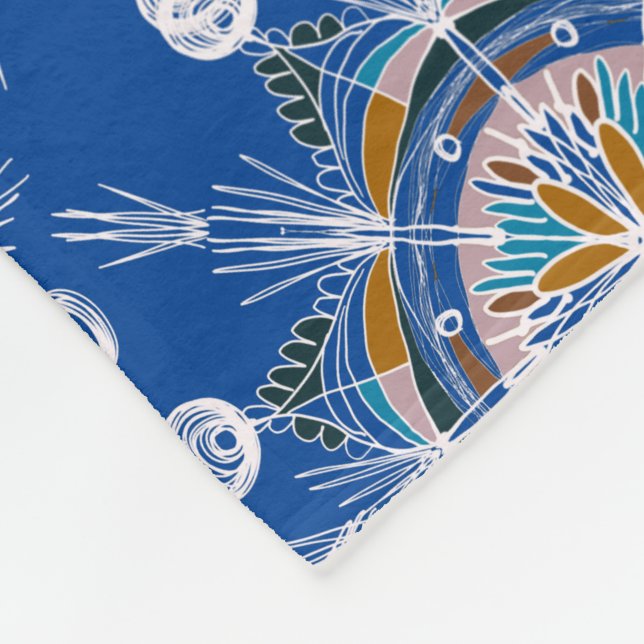 Boho Mandala Hand-drawn Blue Colourful Fleece Blanket (Corner)