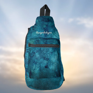 Boho Mandala Marled Teal Blue Green Monogram Sling Bag