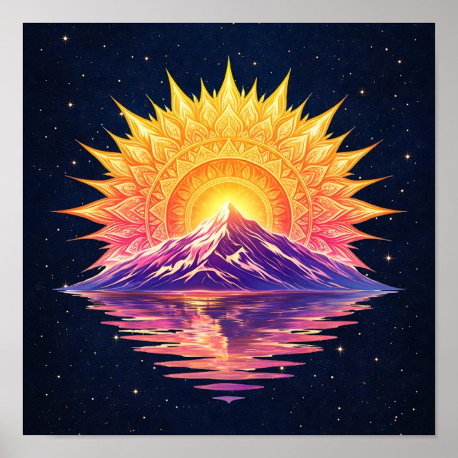 Boho Mandala Mountain Sunset | Cosmic Night Sky Poster (Front)