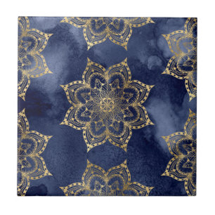 Boho Mandala Pattern Gold Navy Blue Ink Texture Ceramic Tile