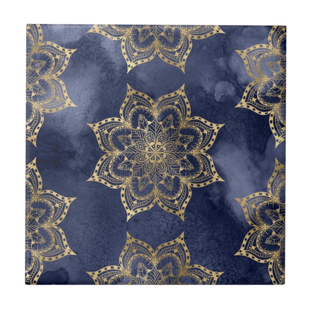 Boho Mandala Pattern Gold Navy Blue Ink Texture Ceramic Tile (Front)