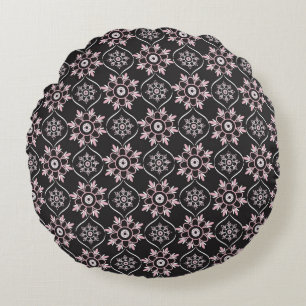 Boho Mandala Pink & Black Round Cushion