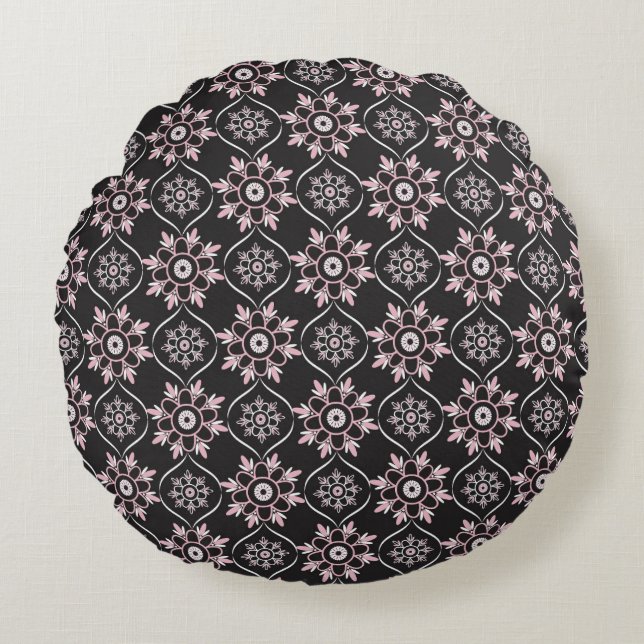  Boho Mandala  Pink & Black  Round Cushion (Front)