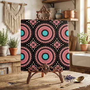 Boho Mandala Pink Turquoise Black Geometric Mosaic Ceramic Tile