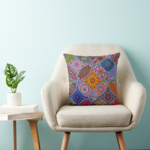 Boho Mandala Quilt Pattern Colourful Hippie Style Cushion