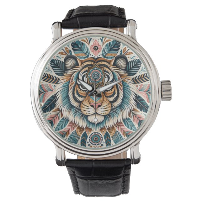 Boho mandala tiger feathers woman watch (Front)