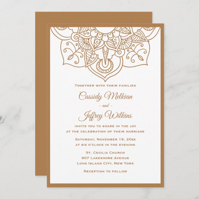 Boho Mandala Wedding Invitation Brown White Indian (Front/Back)